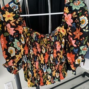 Short mid blackw colorful flowers off the shoulder flower blouse